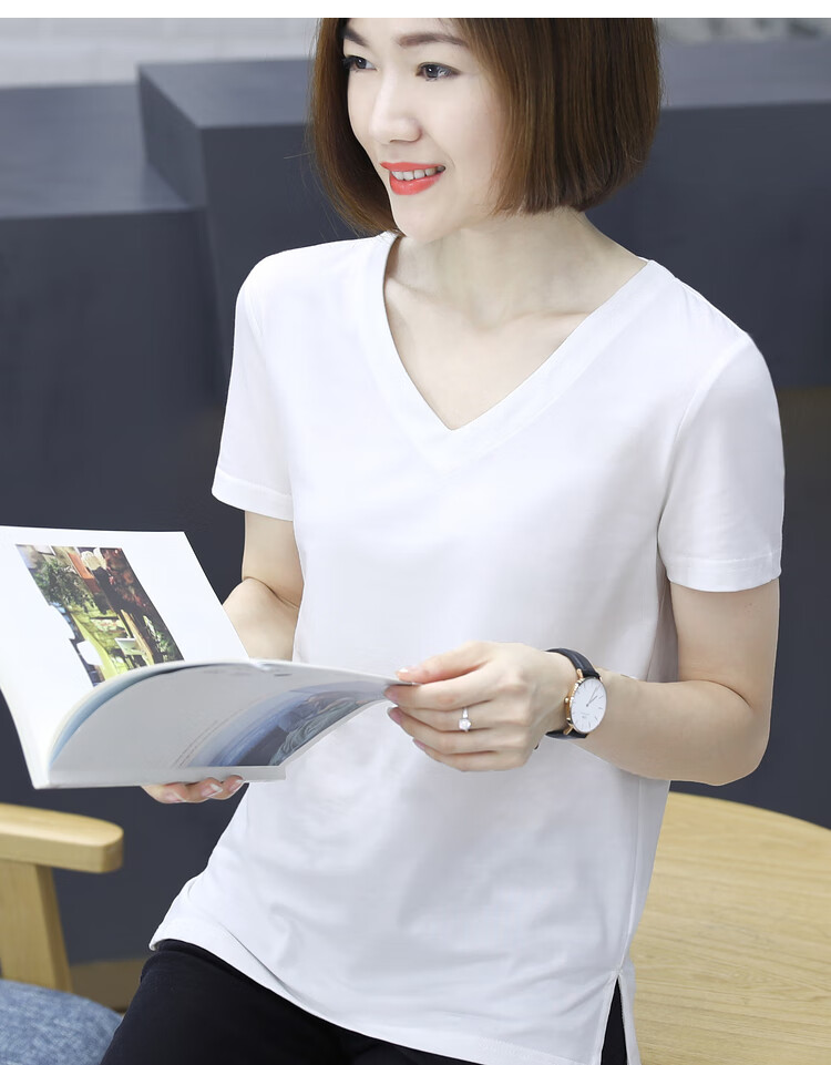 2022新款夏装黑色鸡心领短袖t恤女宽松v领上衣女白色半袖大码体恤白色