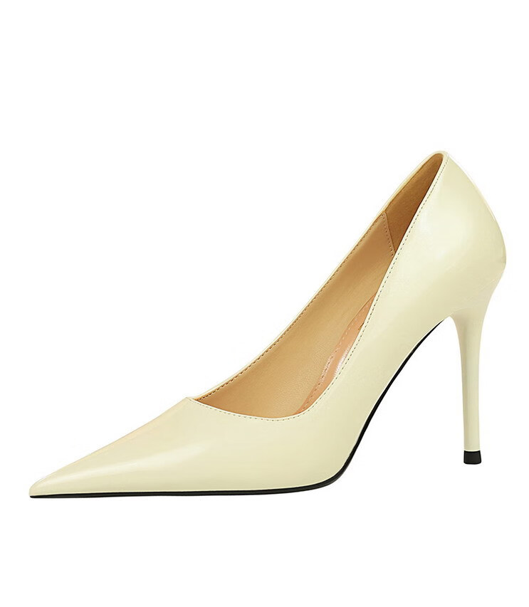 bigtree性感细跟高跟鞋10cm简约浅口尖头显瘦职业ol漆皮亮面女单鞋 裸