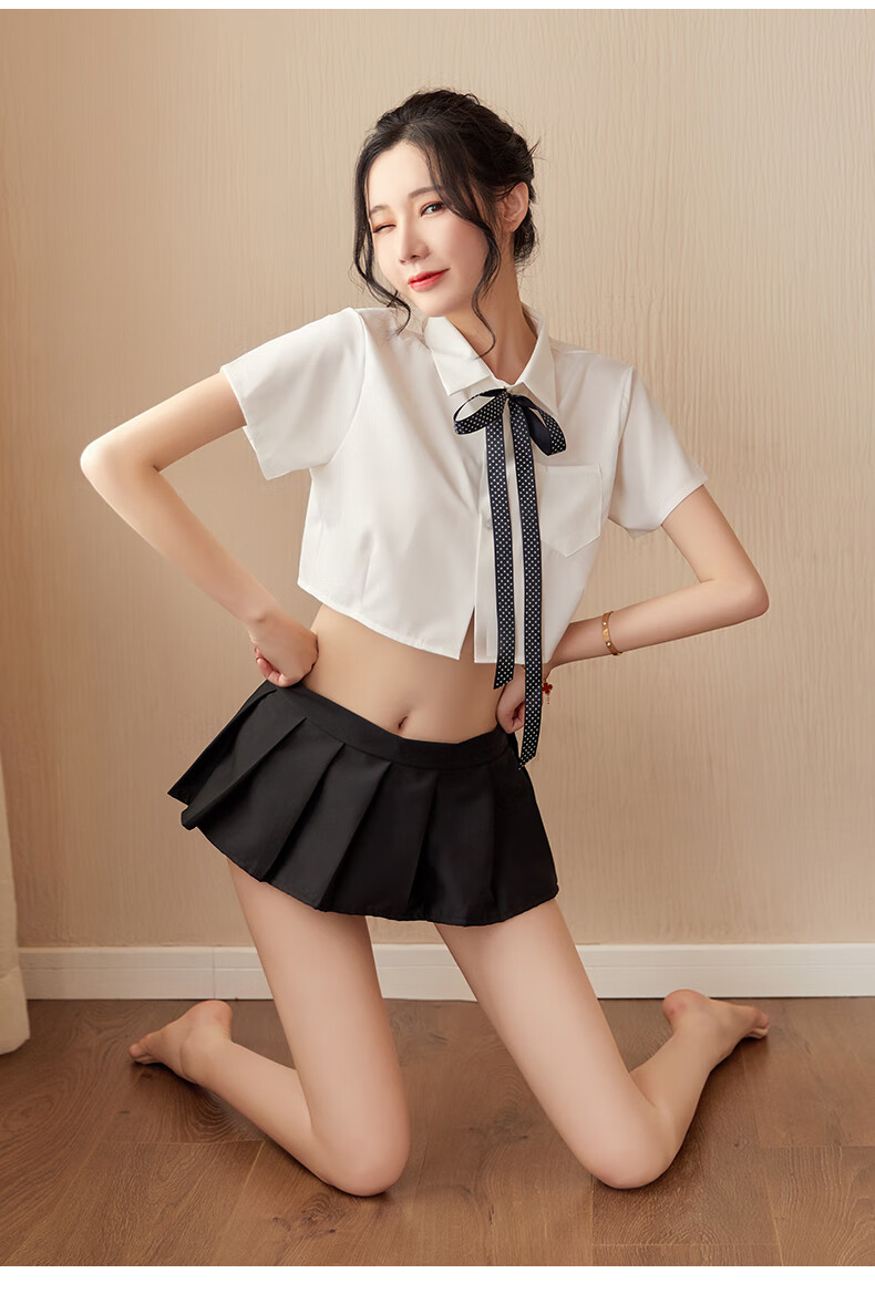 品贤 性感情趣内衣 jk制服 sm短裙透明白衬衣秘书制服套女 黑色雪纺