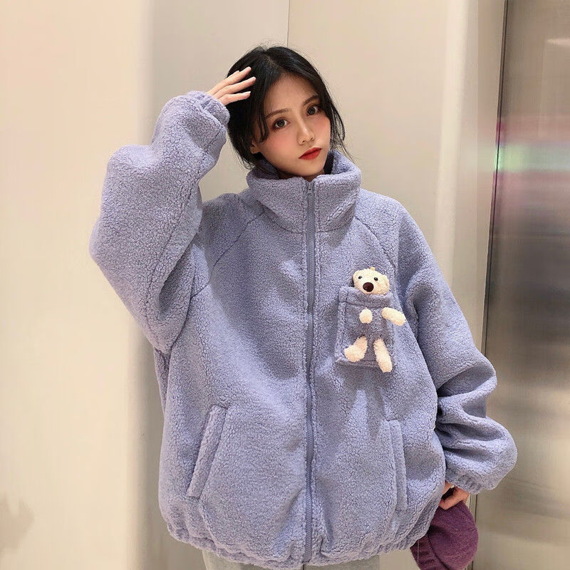 韩版学院风宽松可爱羊羔毛小熊外套女秋冬保暖百搭ins潮 紫色 m