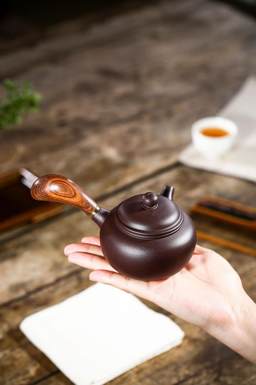 唐羽壶 宜兴品质紫砂壶原矿紫泥唐羽泡茶壶具侧把横把木柄家用 木柄唐