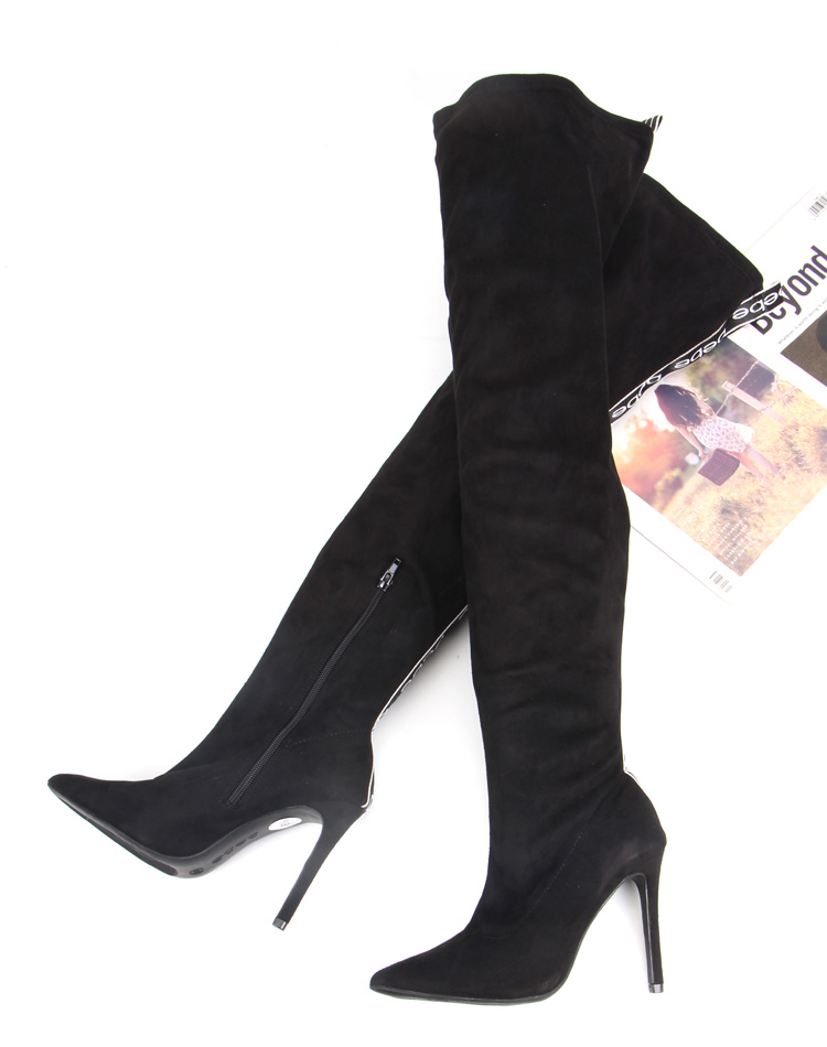 【大码超长过膝靴】靴绒面尖头侧拉链细跟长靴过膝靴字母拼接高筒靴潮