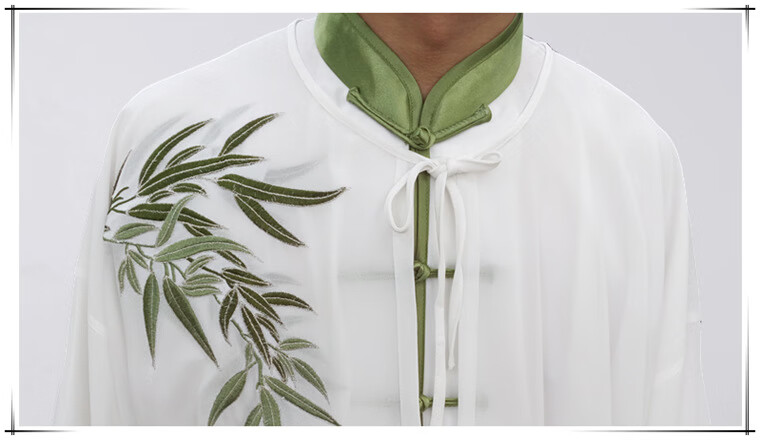 披纱三件套刺绣中国风武术表演比赛服女太极拳服装男 白色 竹叶加披纱