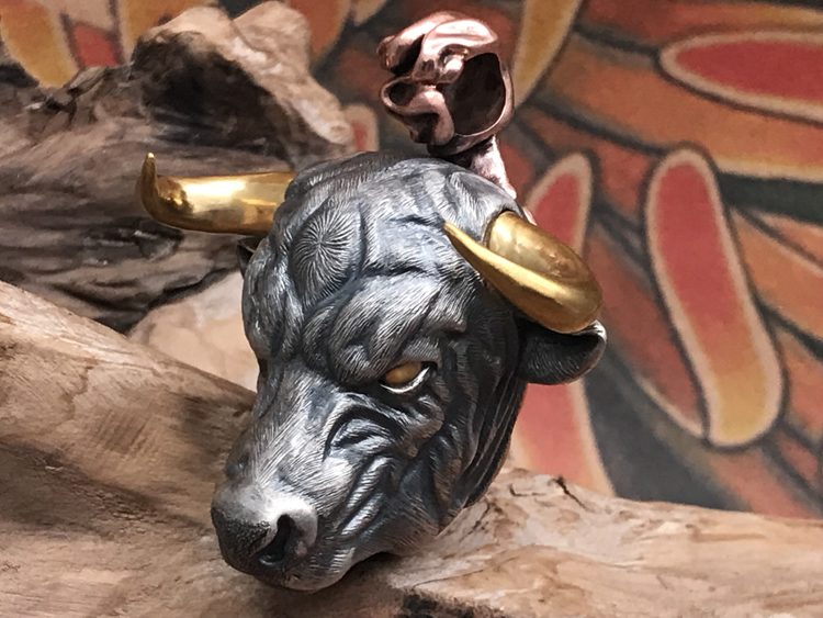 法雀手工原创设计定制银饰牛气冲天公牛牛头925银男士吊坠项链挂件