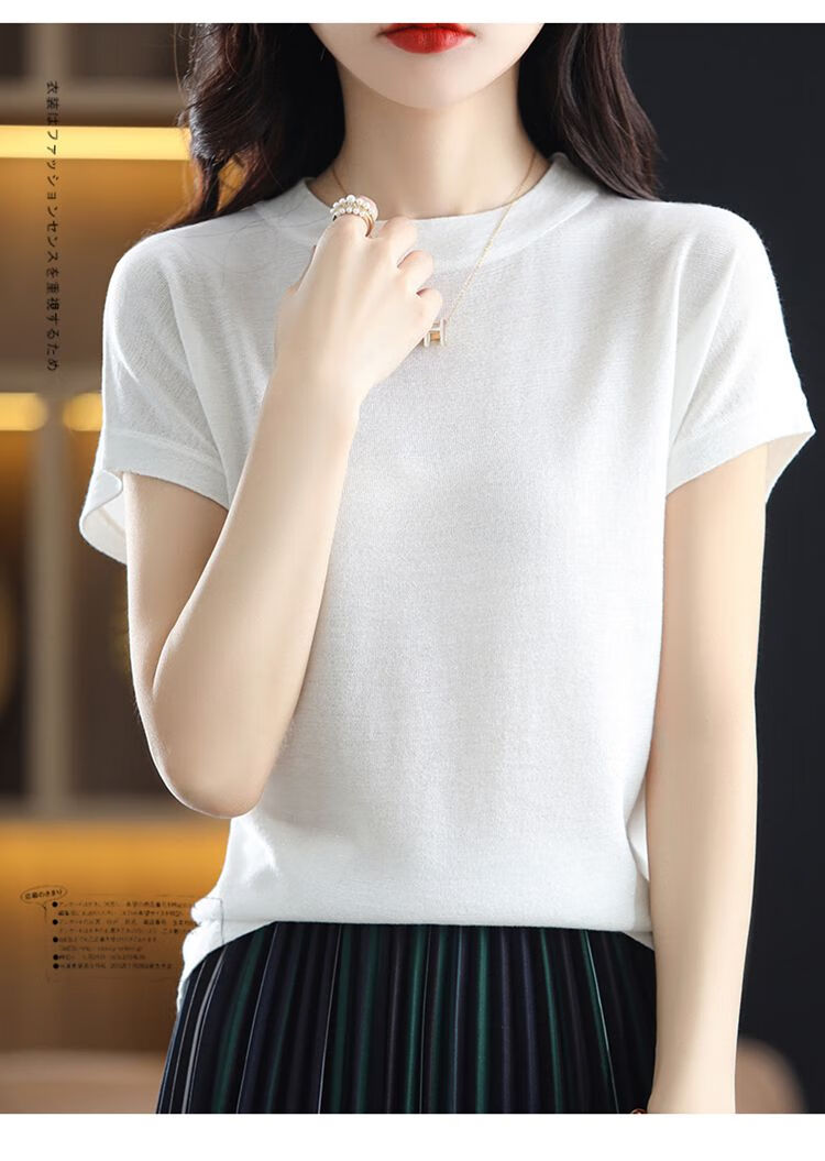 冰丝针织短袖t恤女夏季时尚亮丝亚麻上衣今年流行的高端天丝半袖针织