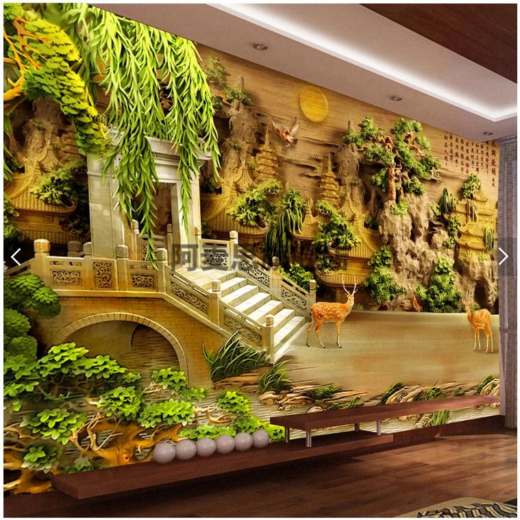 3d立体浮雕山水画风景墙纸壁画客厅5d电视背景墙整张无缝闪银布平米