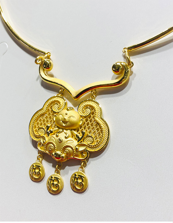 老凤凰宝宝周岁金项圈黄金百福锁吊坠足金长命锁项链婴儿满月金饰品