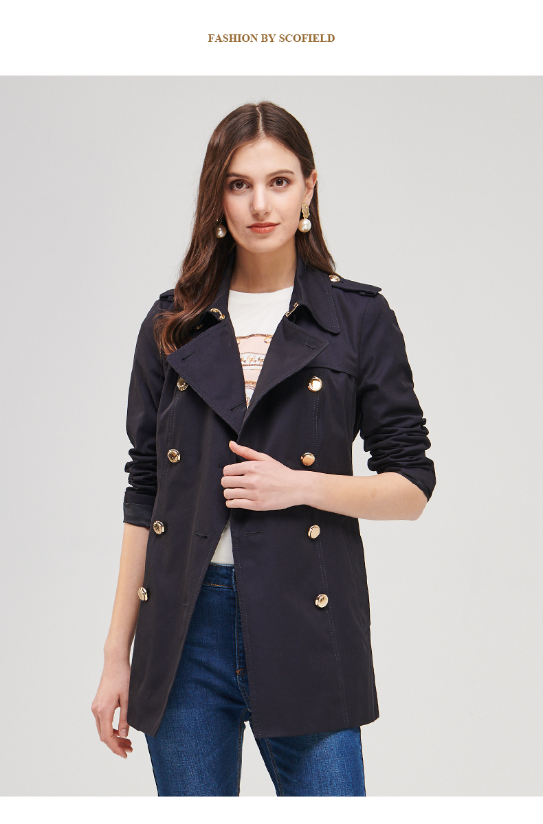 scofield女装2020冬新款纯色棉系带双排扣风衣 海军蓝59 160