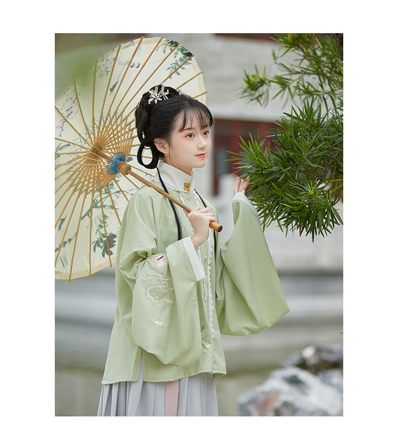 明制立领对襟短衫琵琶袖刺绣汉服女秋冬白菜 蓝色上衣 xs【图片 价格