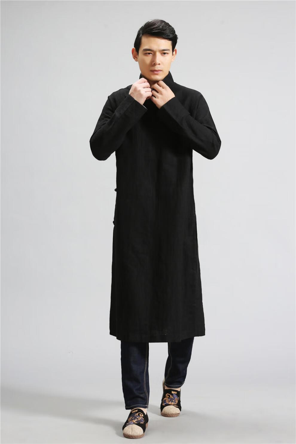 手工设计中国风宽松休闲亚麻棉麻黑色风衣男斜襟长衫外套 暗红 s
