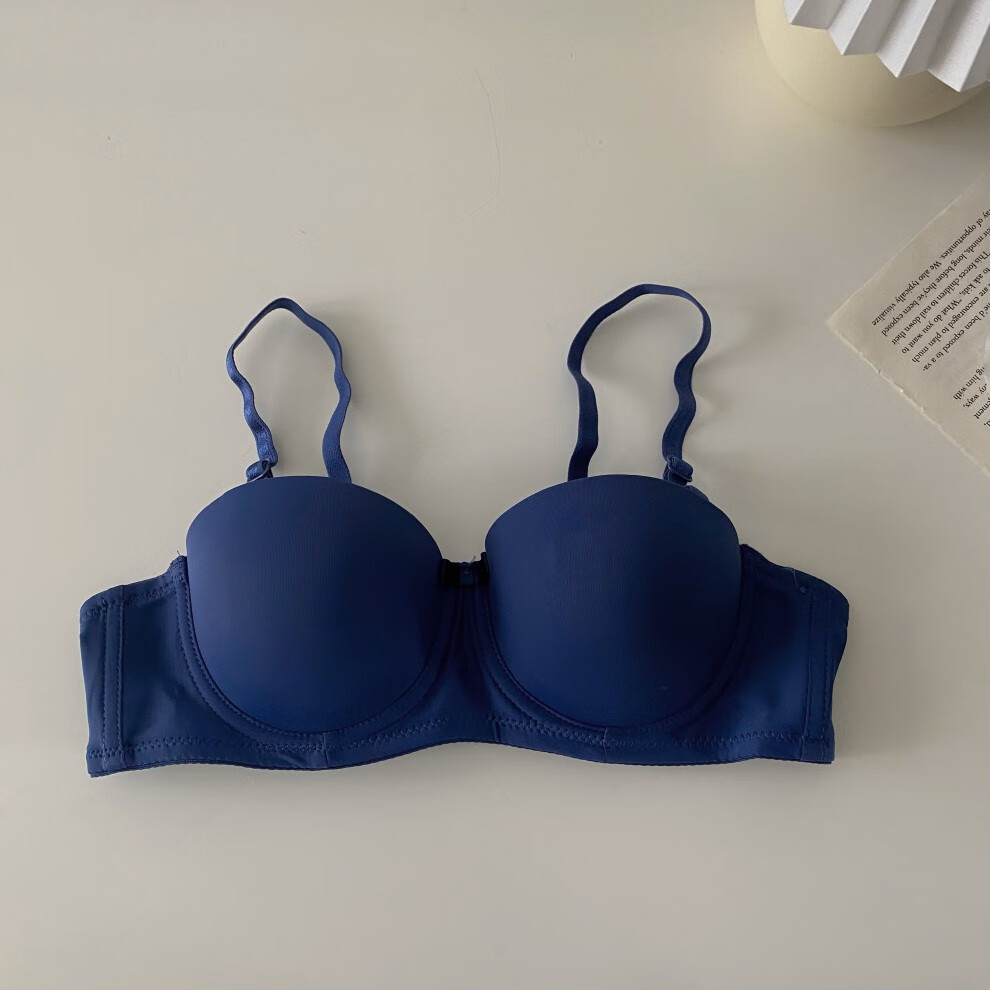 调整型半杯少女文胸罩杯聚拢小胸纯色光面无痕日系内衣蓝色3885ab通杯