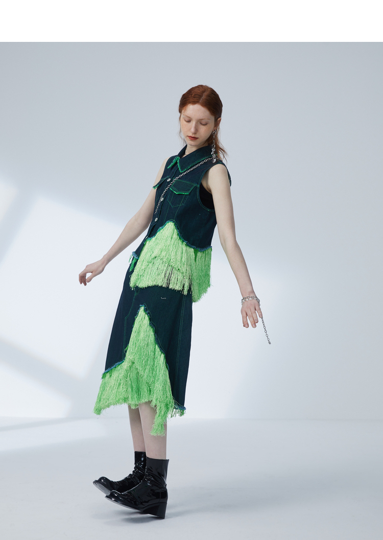 半圆原创设计师女装2021夏季新款绿色流苏马甲牛仔两装 牛仔绿半 s