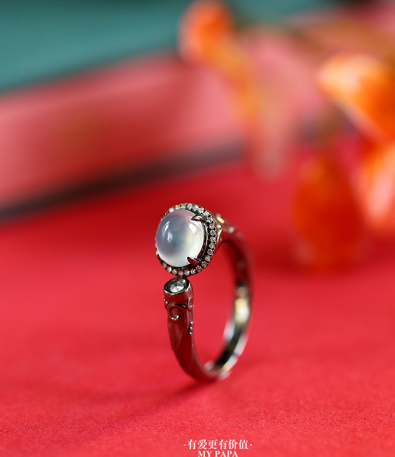 mypapa金镶玉18k金黑金镶嵌高冰种翡翠小灯泡戒指礼物鉴定j1-5-16