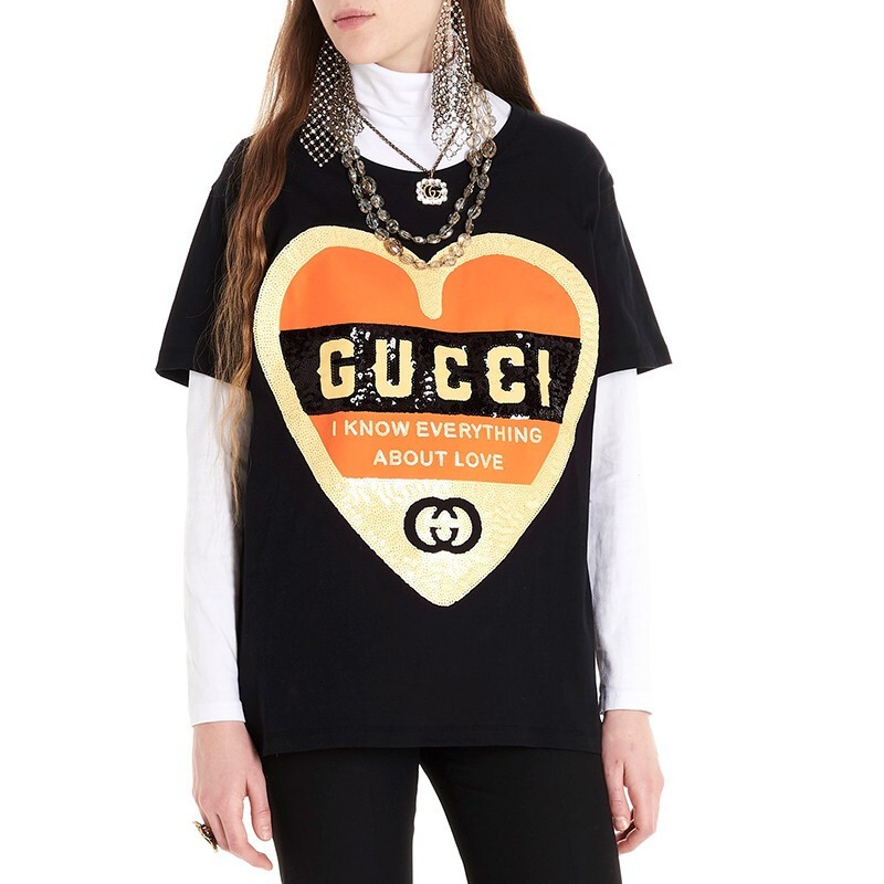 gucci古驰女装2020春夏季新款亮片爱心宽松版女士短袖t恤 492347 xjb
