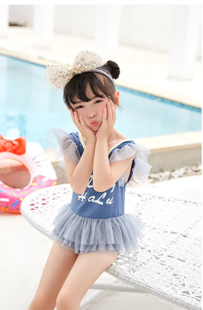 儿童泳衣女童韩版蕾丝公主泳装小中大童宝宝洋气连体小女孩游泳衣 雾