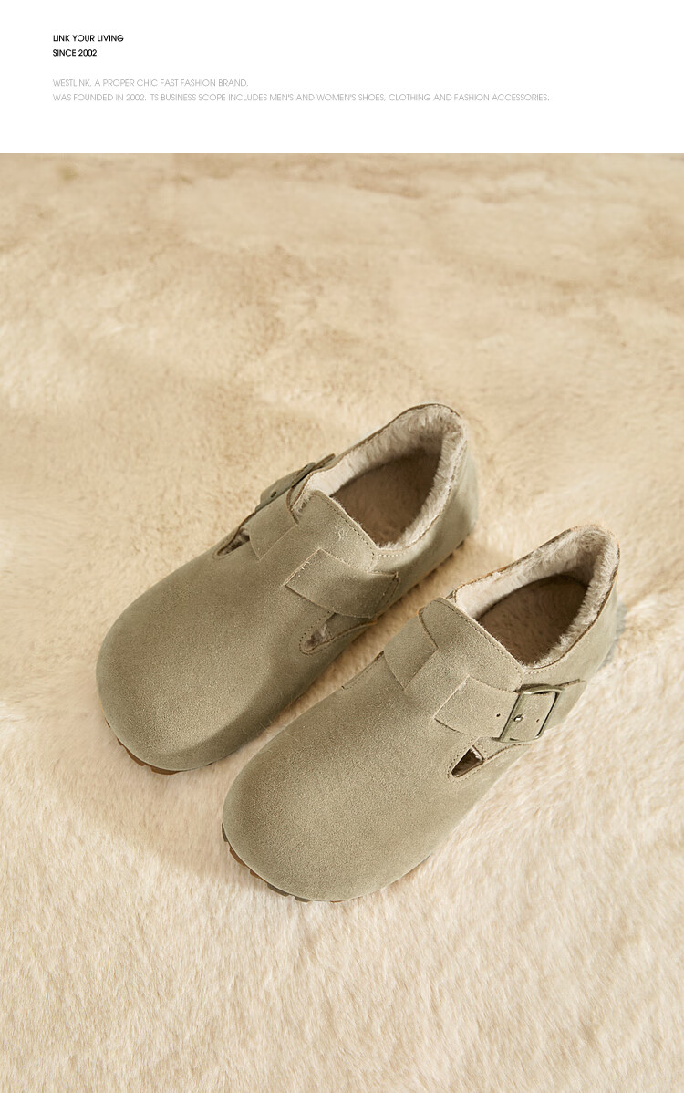 Westlink All-Wool Birkenstock-Style Women's Fleece-Lined Shoes, New Winter 2024 Soft-Soled Cotton Shoes, Warm Slip-On Fluffy Shoes, Brown, Size 37 6