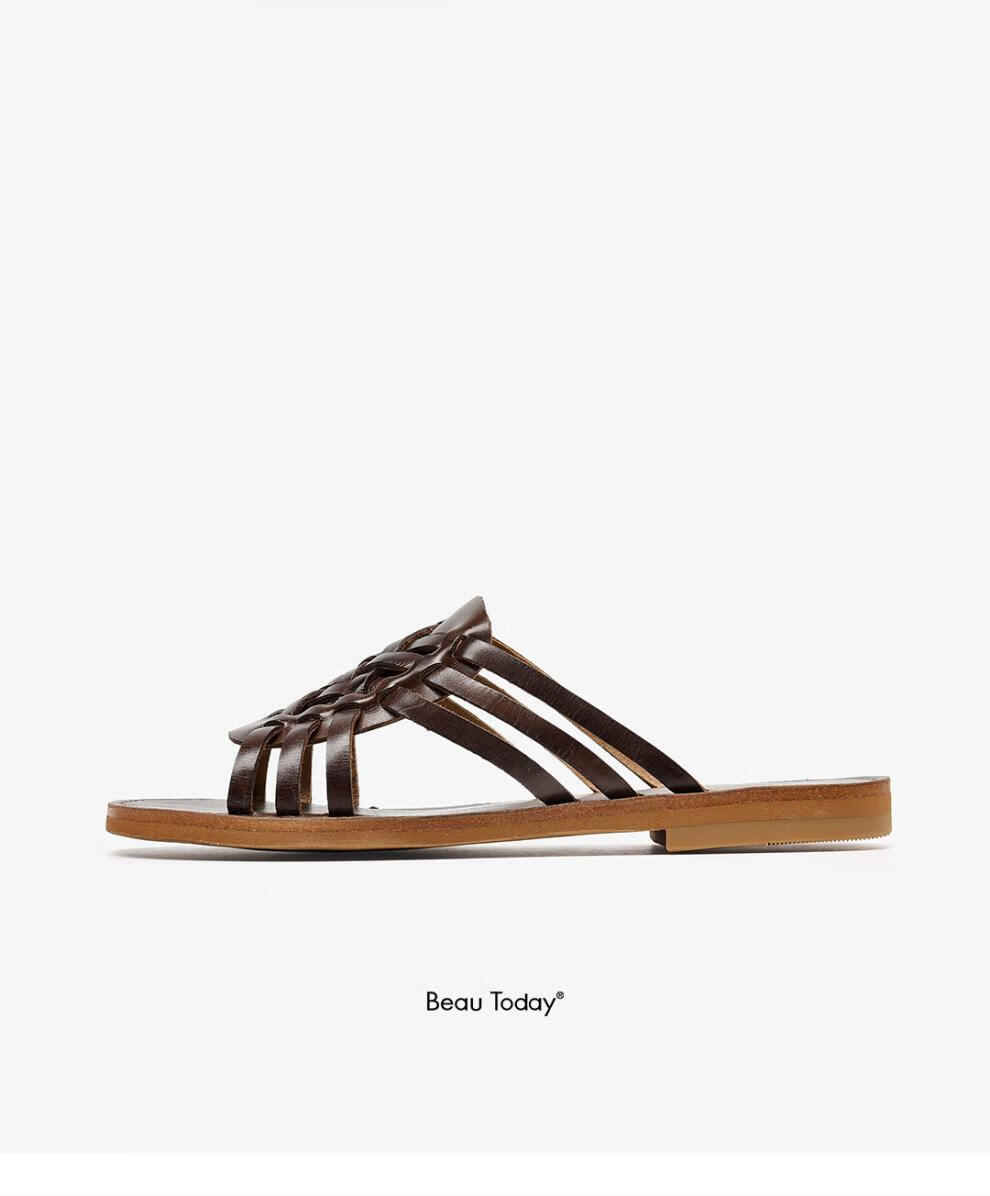 beautoday夏季新款罗马拖鞋女鞋低跟百搭外穿平底鞋凉鞋头层牛皮皮胚