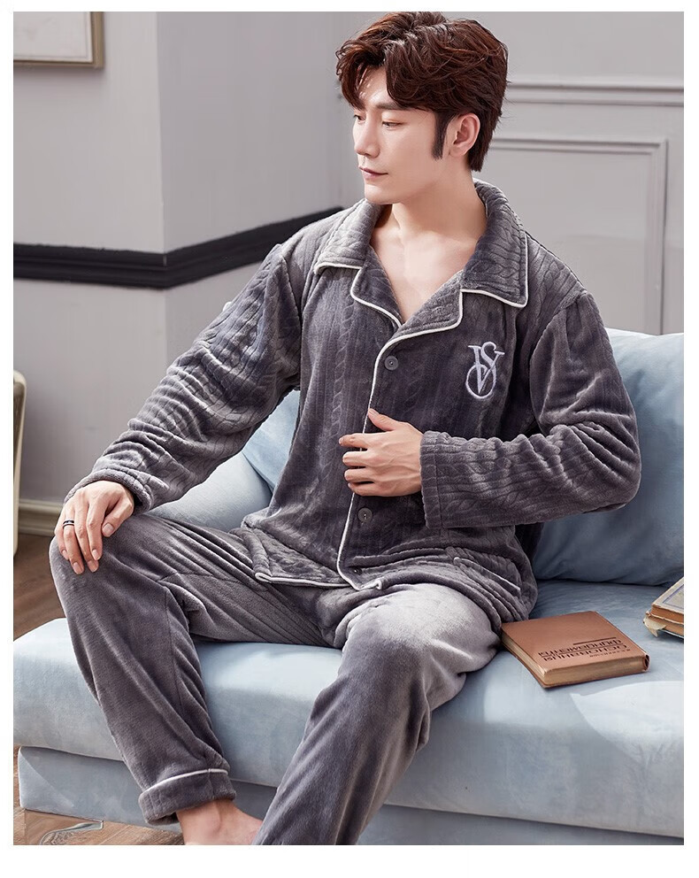 ck 冬季睡衣男珊瑚绒加厚加绒男士开衫法兰绒秋冬款家居服春秋套装
