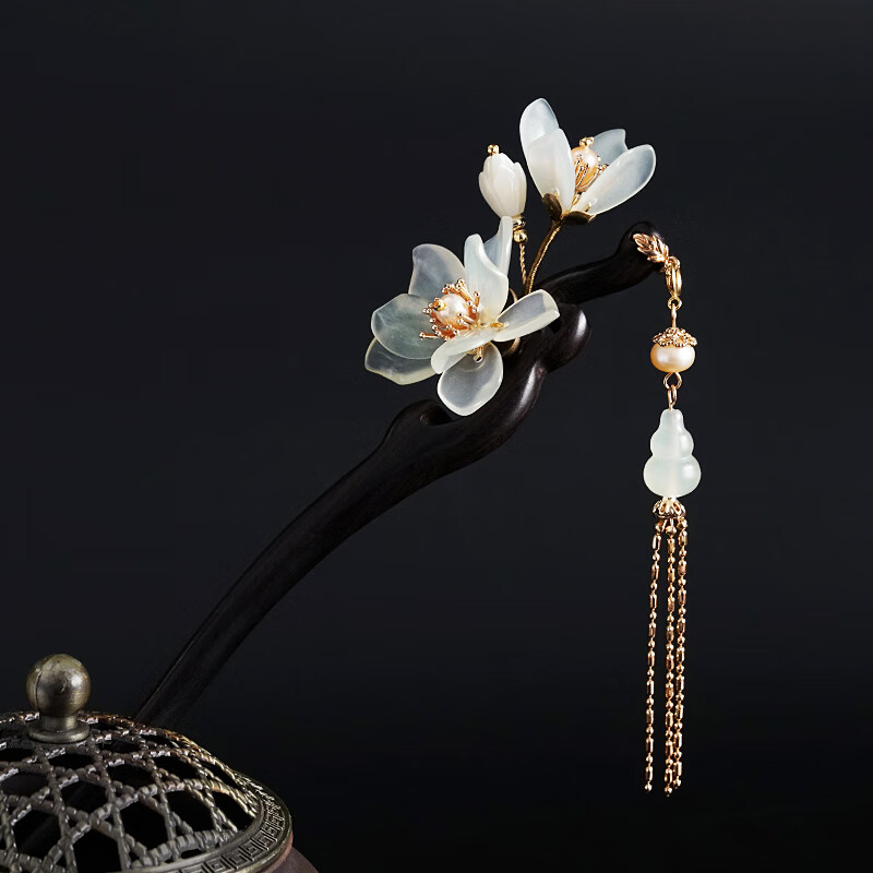 古典玉簪黑檀木发簪玉石牡丹花旗袍盘发多宝古代古风流苏簪子步摇牡丹