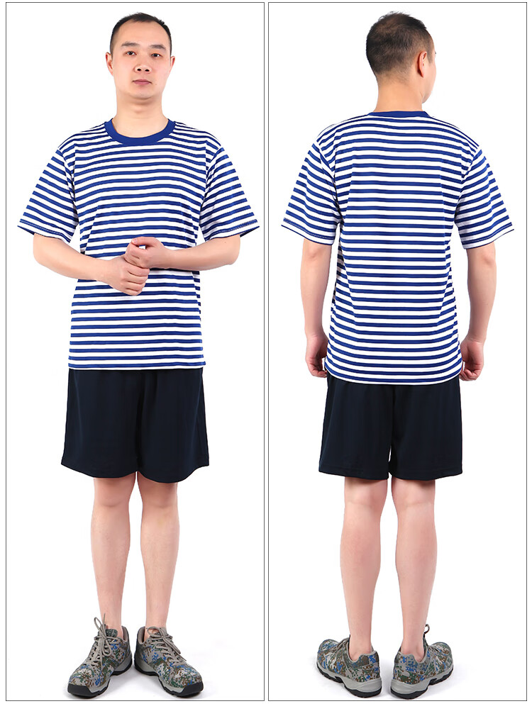 海军衫军训汗衫蓝白条纹半袖短袖 速干透气海魂圆领衫海军陆战队衣服