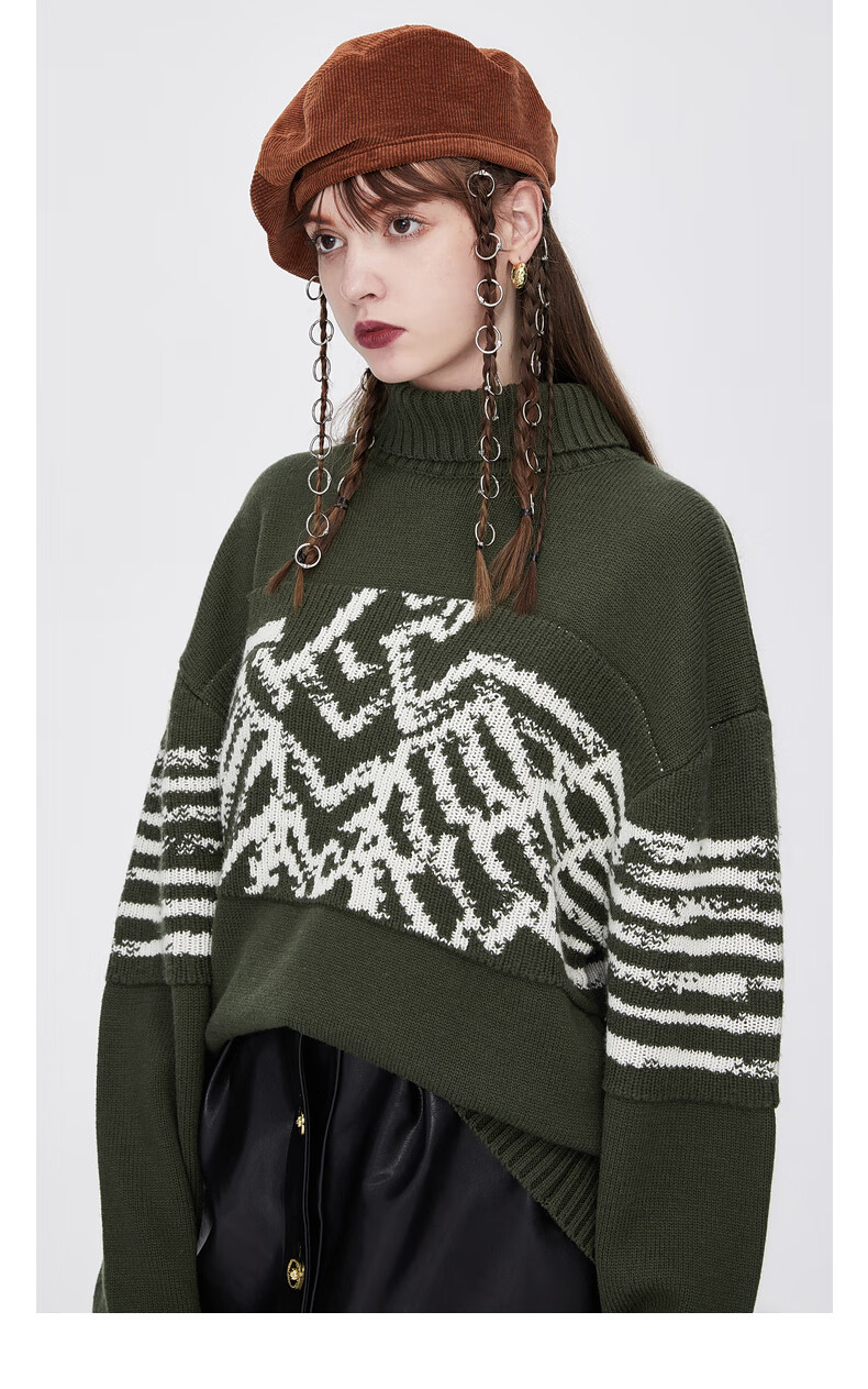 boylondon旗舰官网2020冬季不完整老鹰提花高领女款毛衣506905 绿色