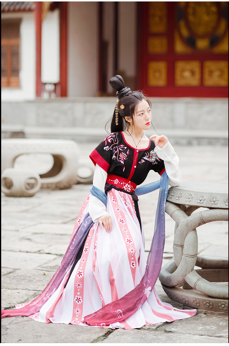 如梦霓裳汉服女夏装 坦领半臂襦裙枝间月交嵛裙窄袖莲花绣花夏季 黑色