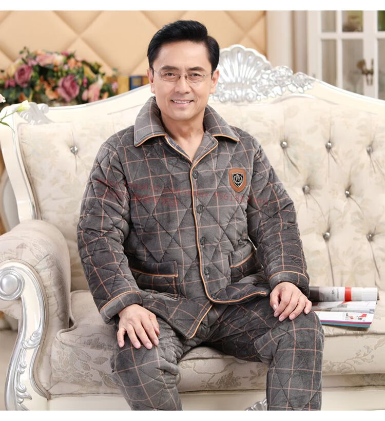 冬款男士加绒加厚夹棉睡衣中老年人爸爸三层保暖珊瑚绒家居服套装