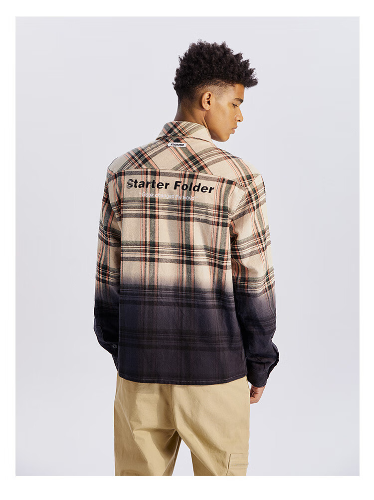 starter男女同款潮流个性百搭渐变格子衬衫长袖t恤 胡椒灰 m