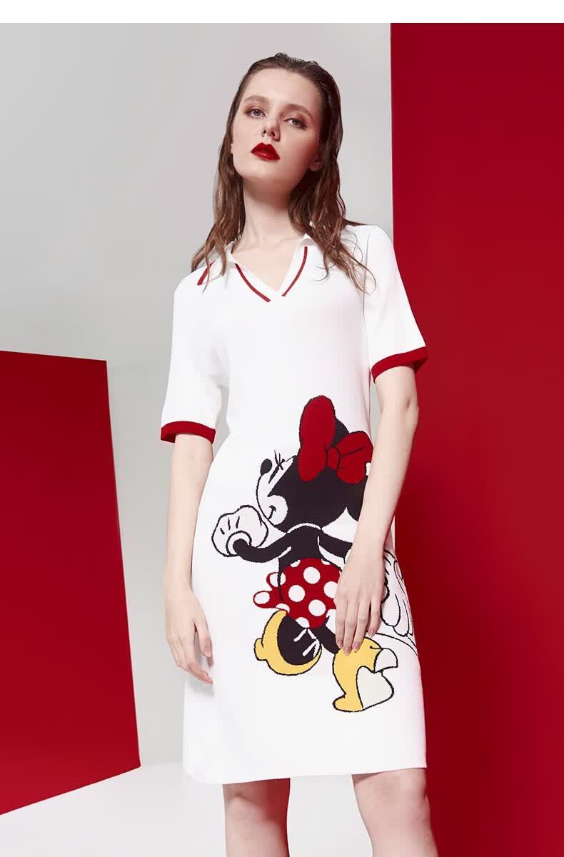 five plus新款女装迪士尼联名米妮针织连衣裙女短袖v领图案 米白010 l