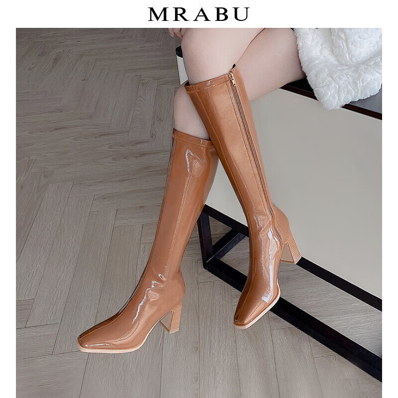 奕辕 大东女靴长靴冬季女生长筒高跟鞋方头显瘦高筒侧拉链弹力靴高跟