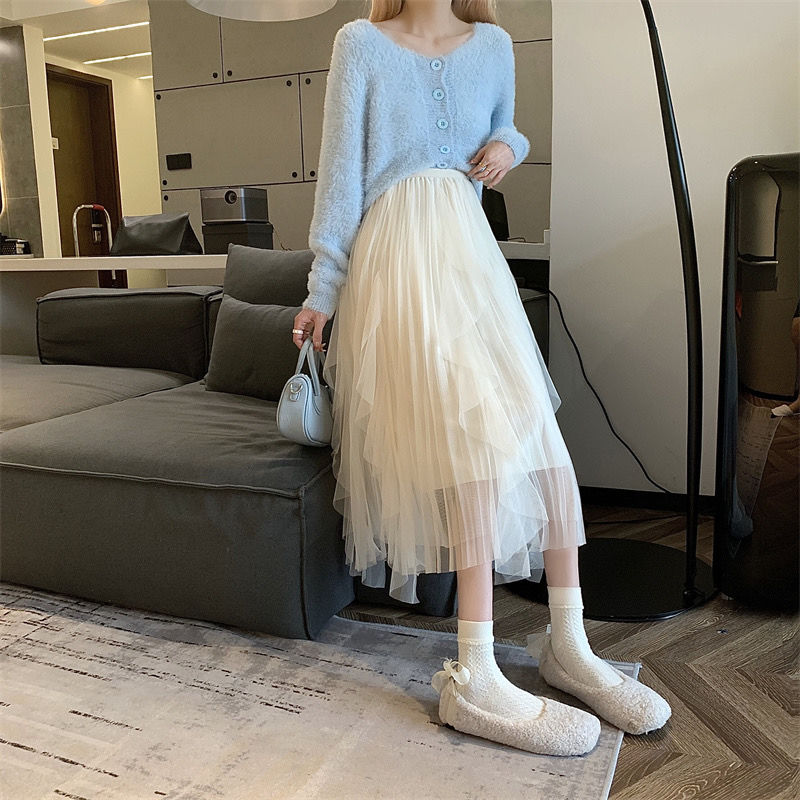 半身裙女装春夏新款2022不规则网纱半身裙女秋冬高腰显瘦字百褶纱裙子