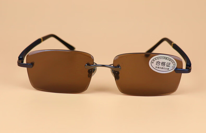 东海天然水晶石头眼镜男士无框切边平光镜高清款养眼太阳镜纯墨镜 茶