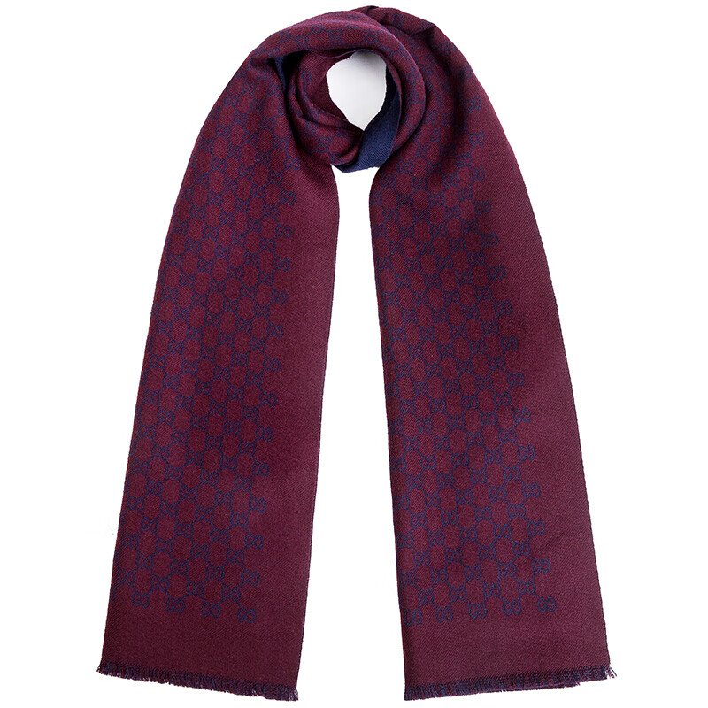 gucci 古驰围巾 男士羊毛双g提花流苏边针织双面用围巾代购 暗红藏青