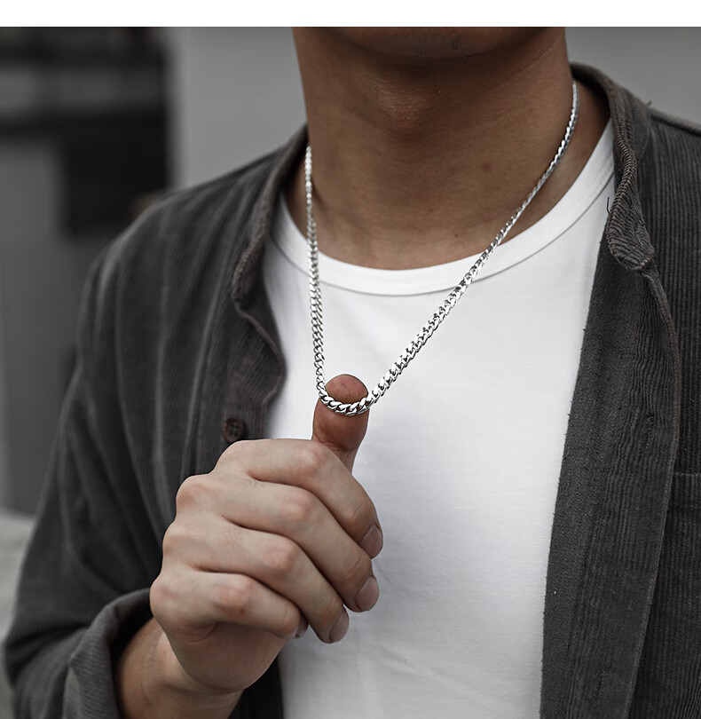 colimida口力米大925银时尚项链单链男士素链百搭古巴链无吊坠颈链