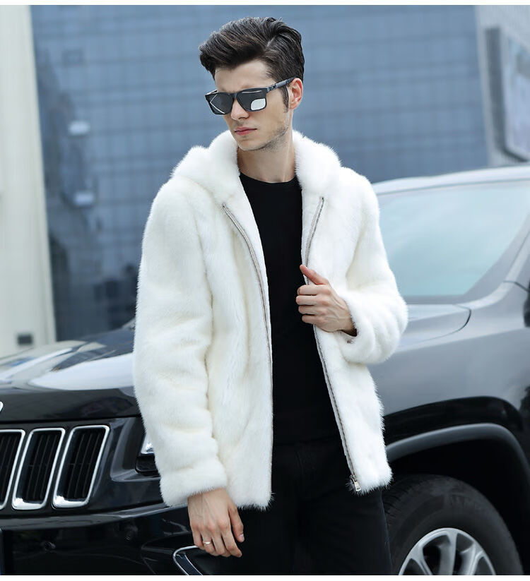 男仿水貂皮草貂皮大衣男外套海宁皮草男秋冬仿整貂白色连帽仿皮草男装