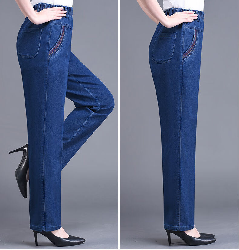 妈妈纯色牛仔裤中老年女款休闲裤弹力高腰松紧直筒裤加大百搭女裤浅
