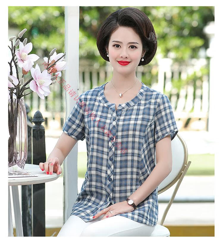 妈妈装夏季纯棉圆领衬衫中年女士短袖上衣40-50岁中老年女装小衫 圆领
