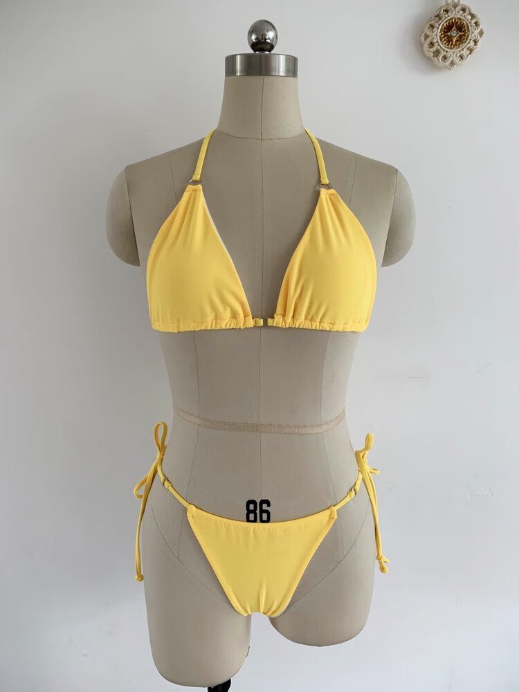 欧美新款三角比基尼泳衣女抽绳绑带性感三点式小胸bikini沙滩拍照