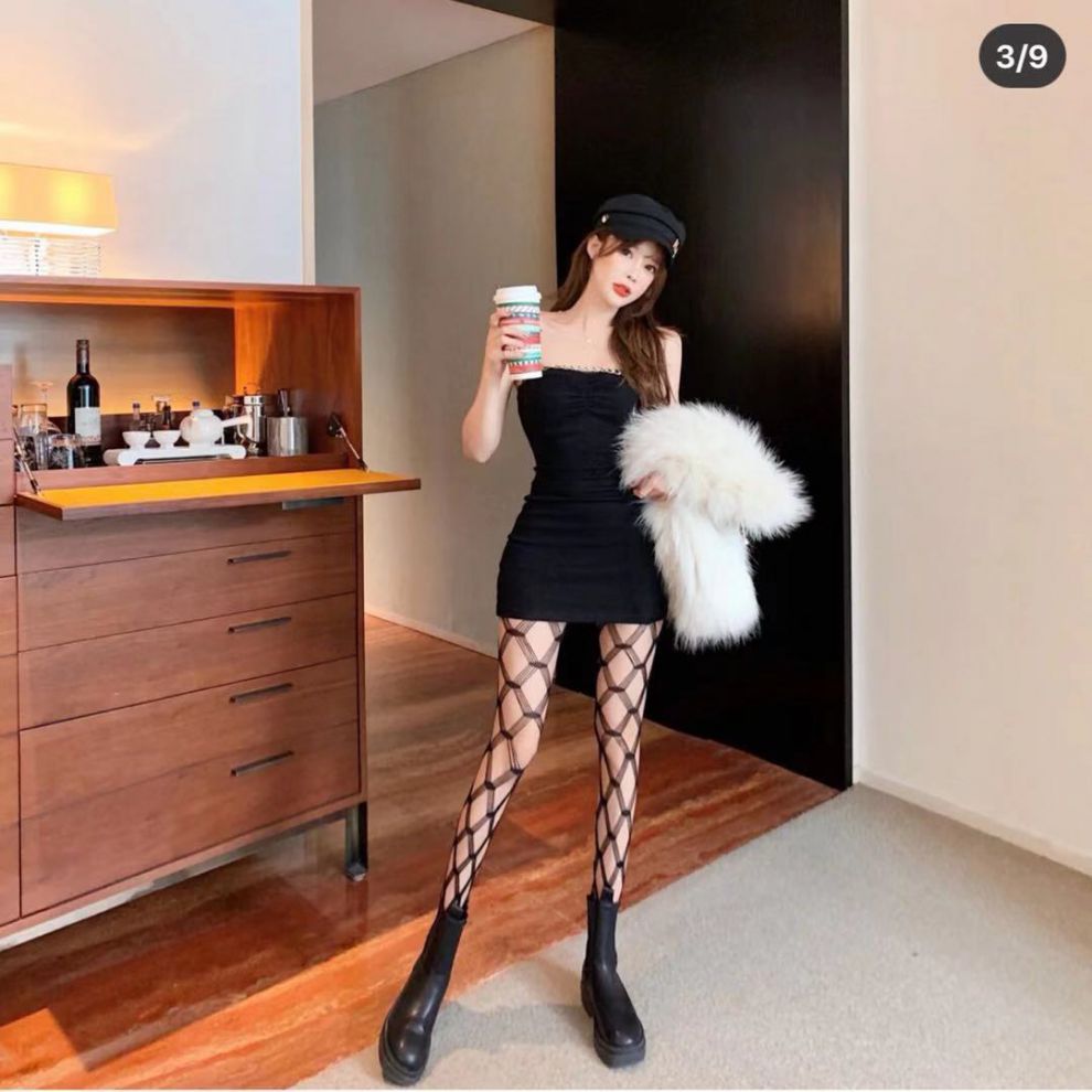 黑丝鱼网袜渔网袜连裤袜大网格镂空透肉网红交叉网中网