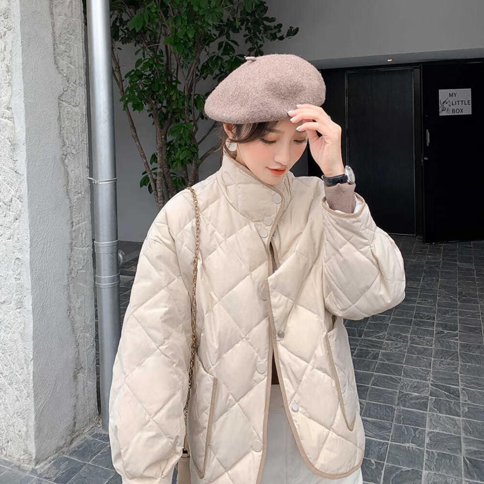 2020小香风新款仿服短款女菱格轻薄显瘦短款小个子外套女 米色 米色