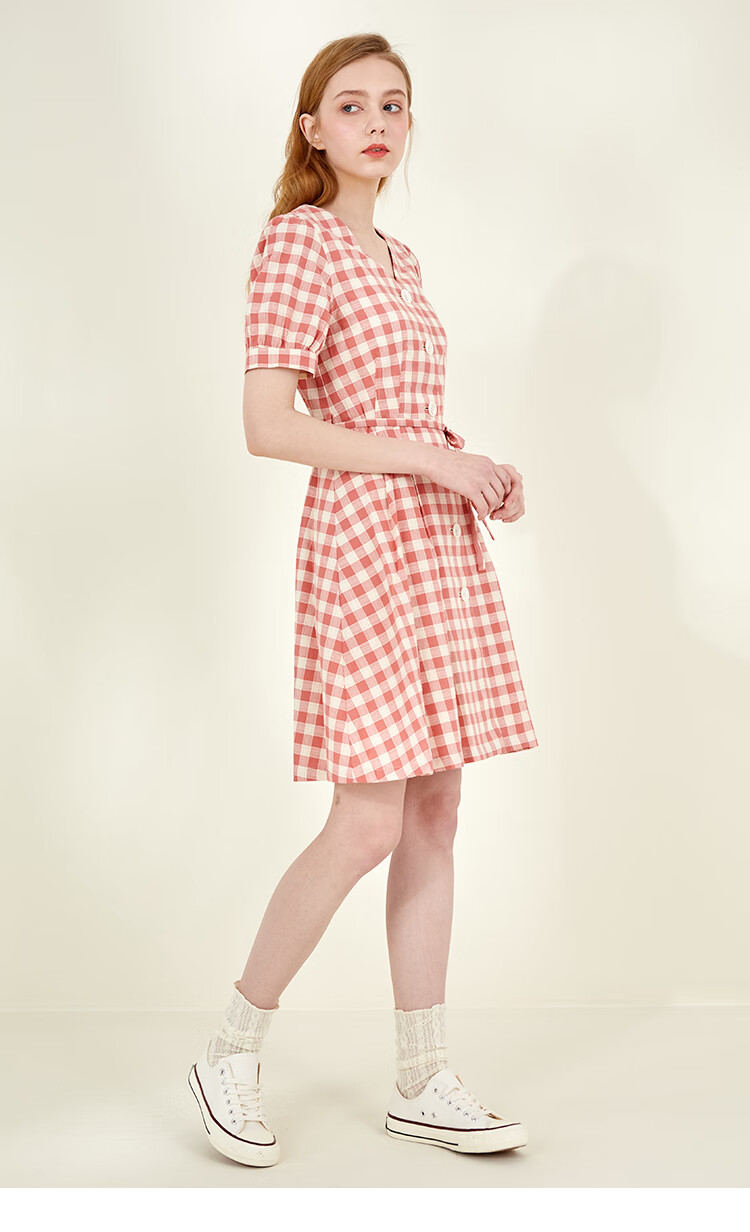 eland衣恋女装田园撞色格纹连衣裙女裙子纯棉春夏季风休闲修身单排扣