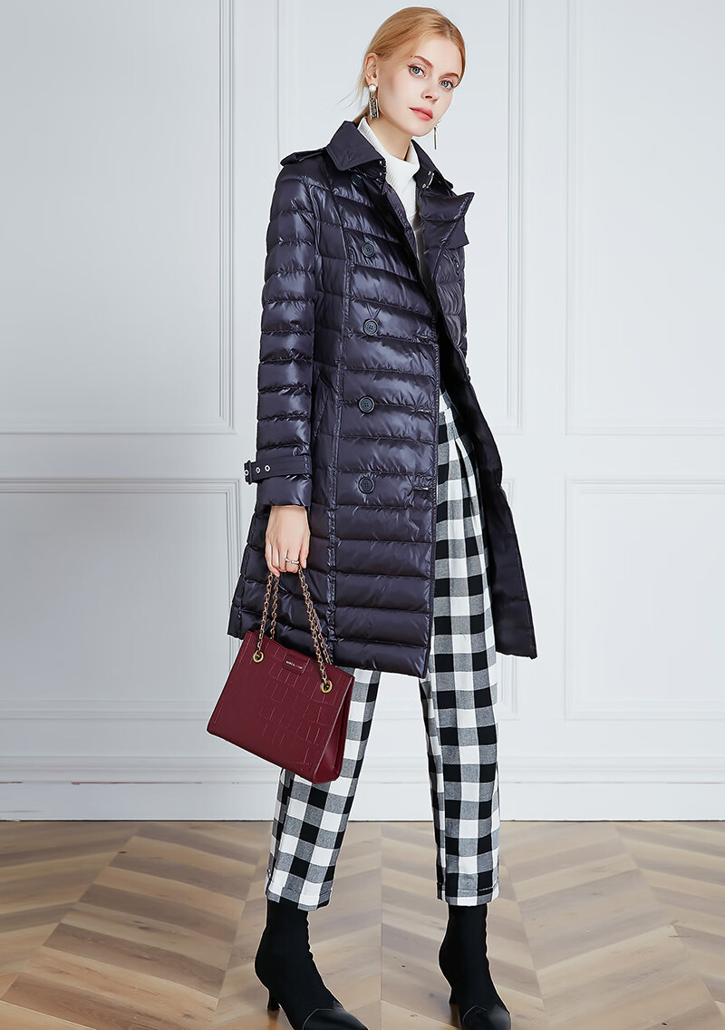 菲梦伊羽绒服女2020年新款秋冬双排扣系带收腰时尚白鸭绒轻薄外套