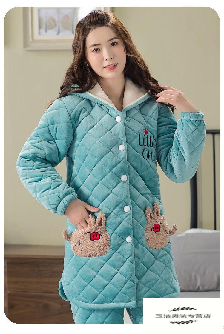 新品女士中长款家居服加棉袄特厚款韩版加长款睡衣女秋冬季加绒加厚
