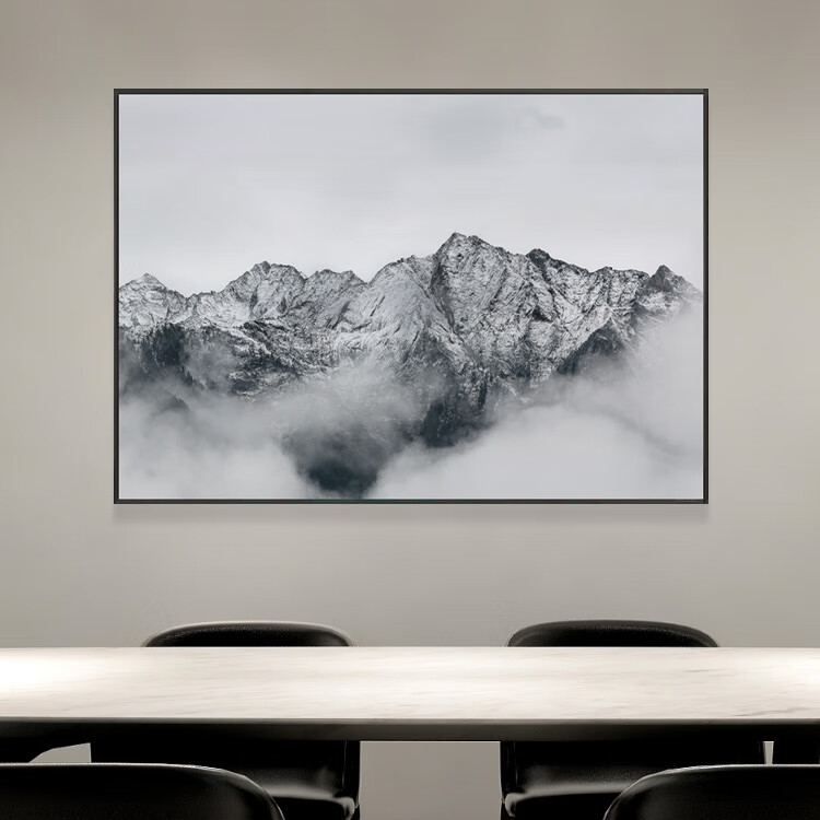 黑白新中式山水装饰画客厅办公室抽象风景单联巨幅大尺寸横版挂画玄关