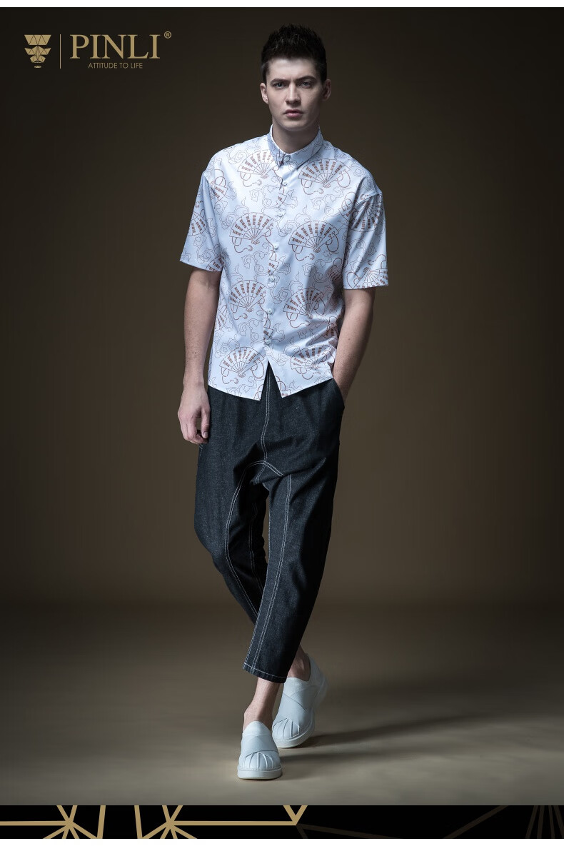 pinli品立夏季新款男装中袖衬衣印花短袖衬衫上衣b192513542 黑色