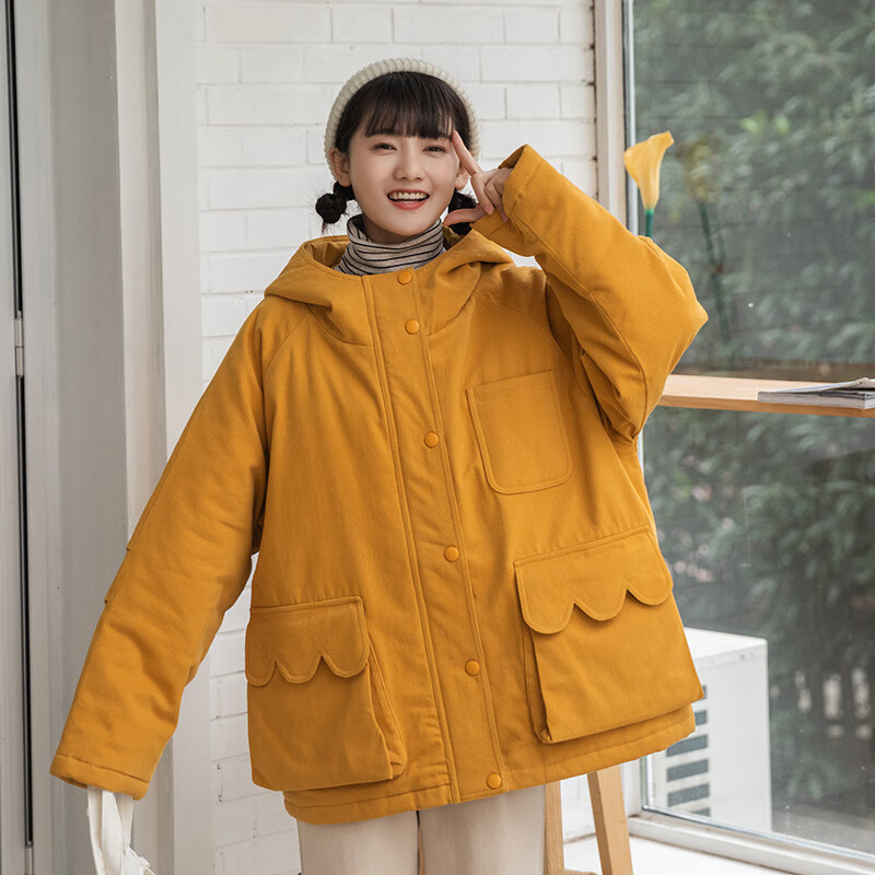 【jk制服官方】加厚工装外套女黄色中长款2020冬新款波浪大口袋拉链连