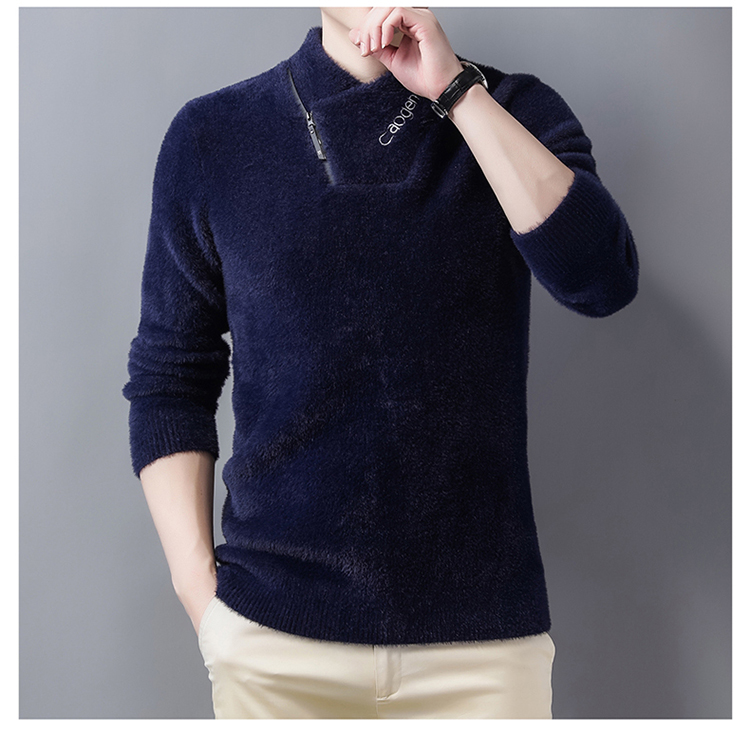 恒源祥-恒源祥新品男士时尚貂绒衫领纯色水貂绒毛衣加厚保暖jd 黑色