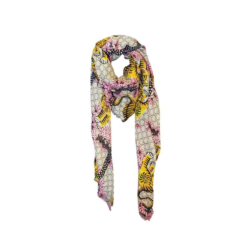 gucci古驰粉色经典老花logo老虎印花流苏披肩女士丝巾ci代购预售预售