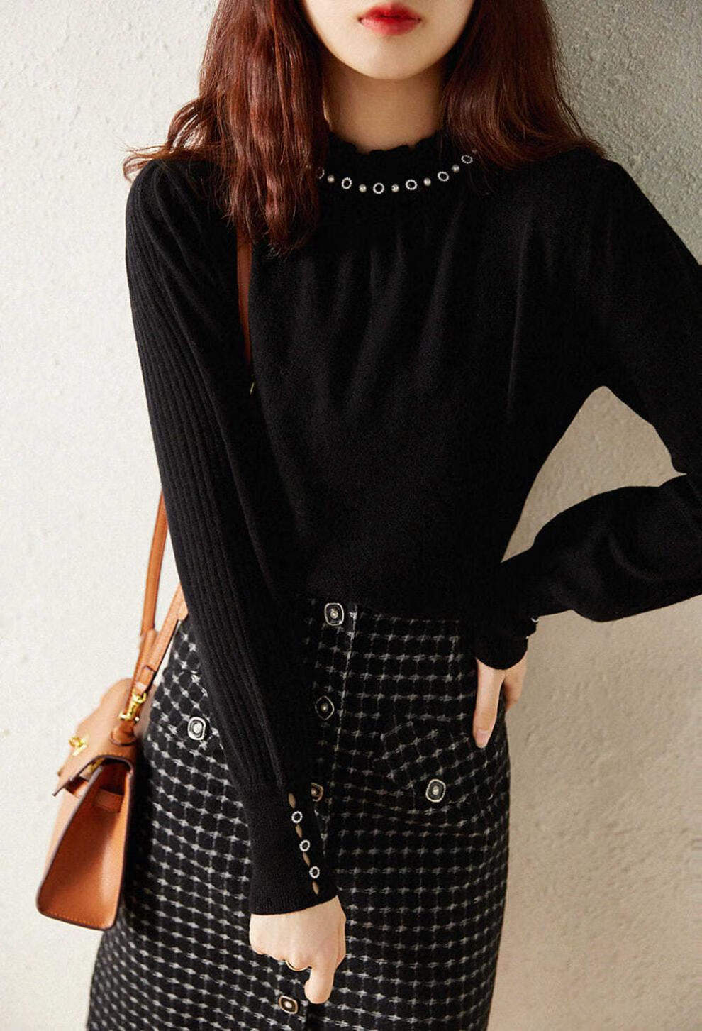 质感木耳边领钉珠针织衫女秋冬上档次女装上衣软糯风温柔毛衣外穿鄂尔