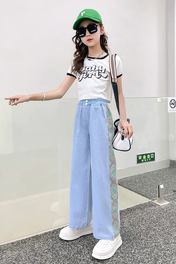 夏装网红民族风女孩儿童大童炸街童裤夏季薄款牛仔阔腿裤浅蓝色160